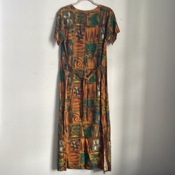 Vintage 90’s Y2K batik print tie back scoop neck shirt sleeve maxi dress sz M - Picture 9 of 9